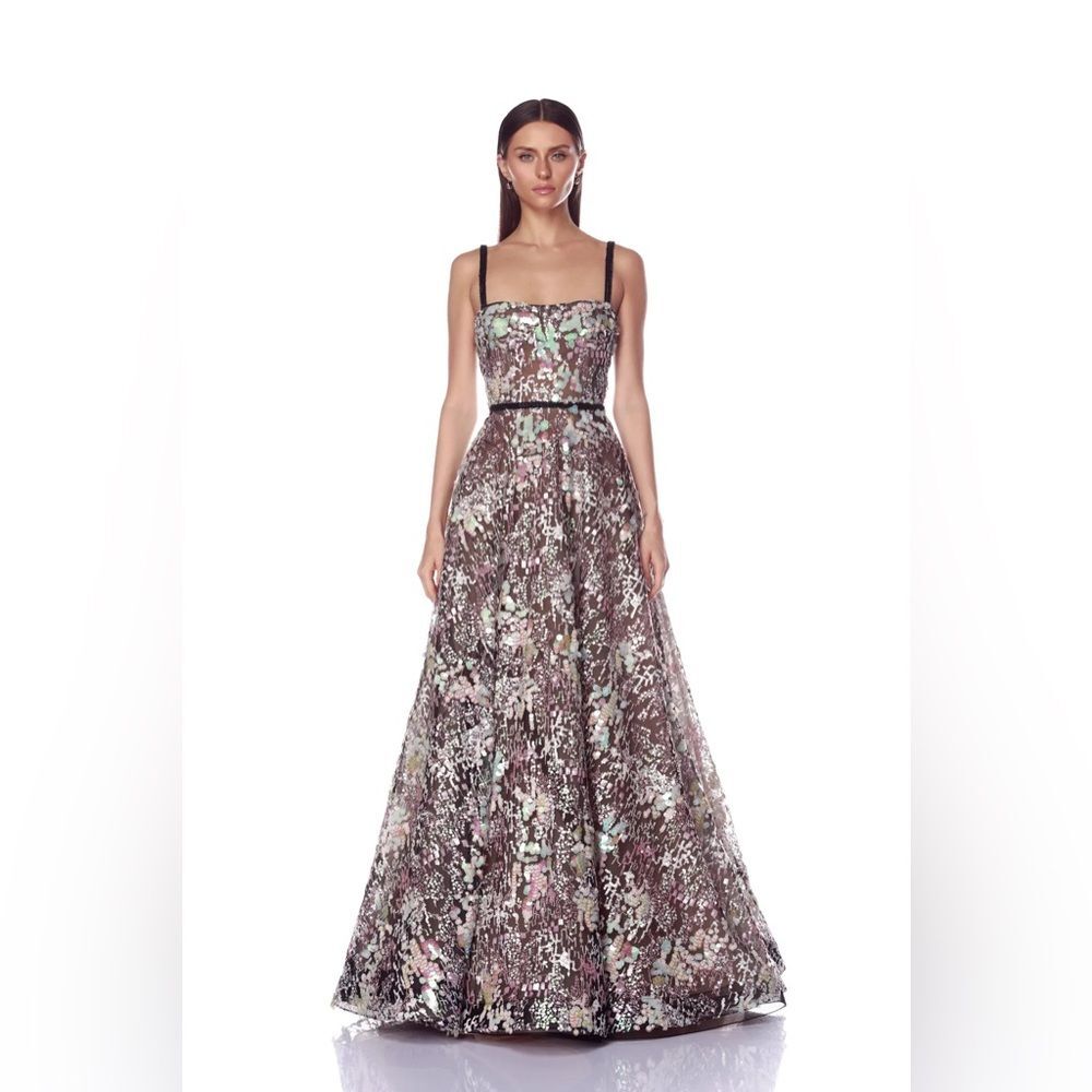 NWOT Bronx and Banco Midnight Embroidered A-Line Gown, wedding guest dress
